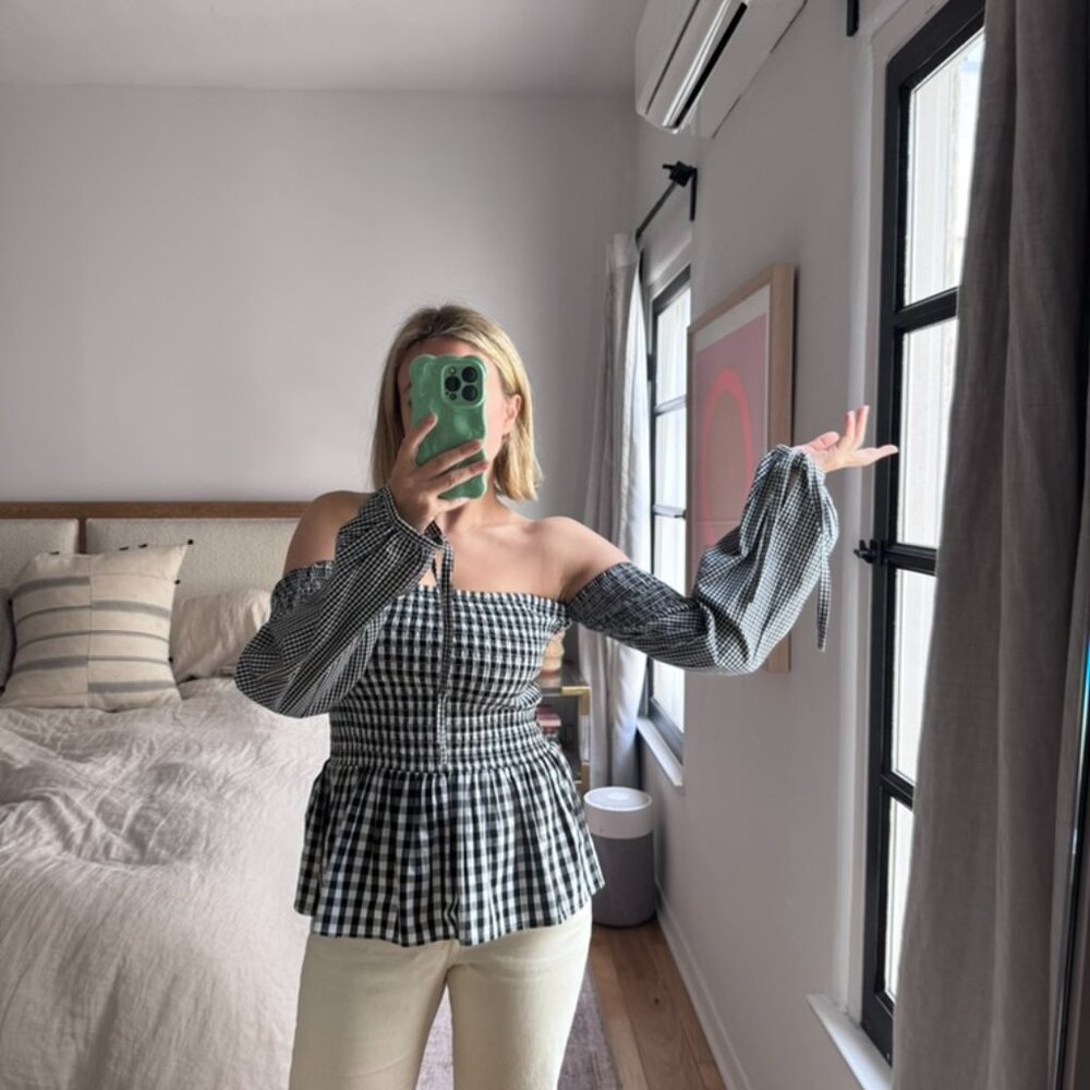 Vetiver checkered off the shoulder smocked top
